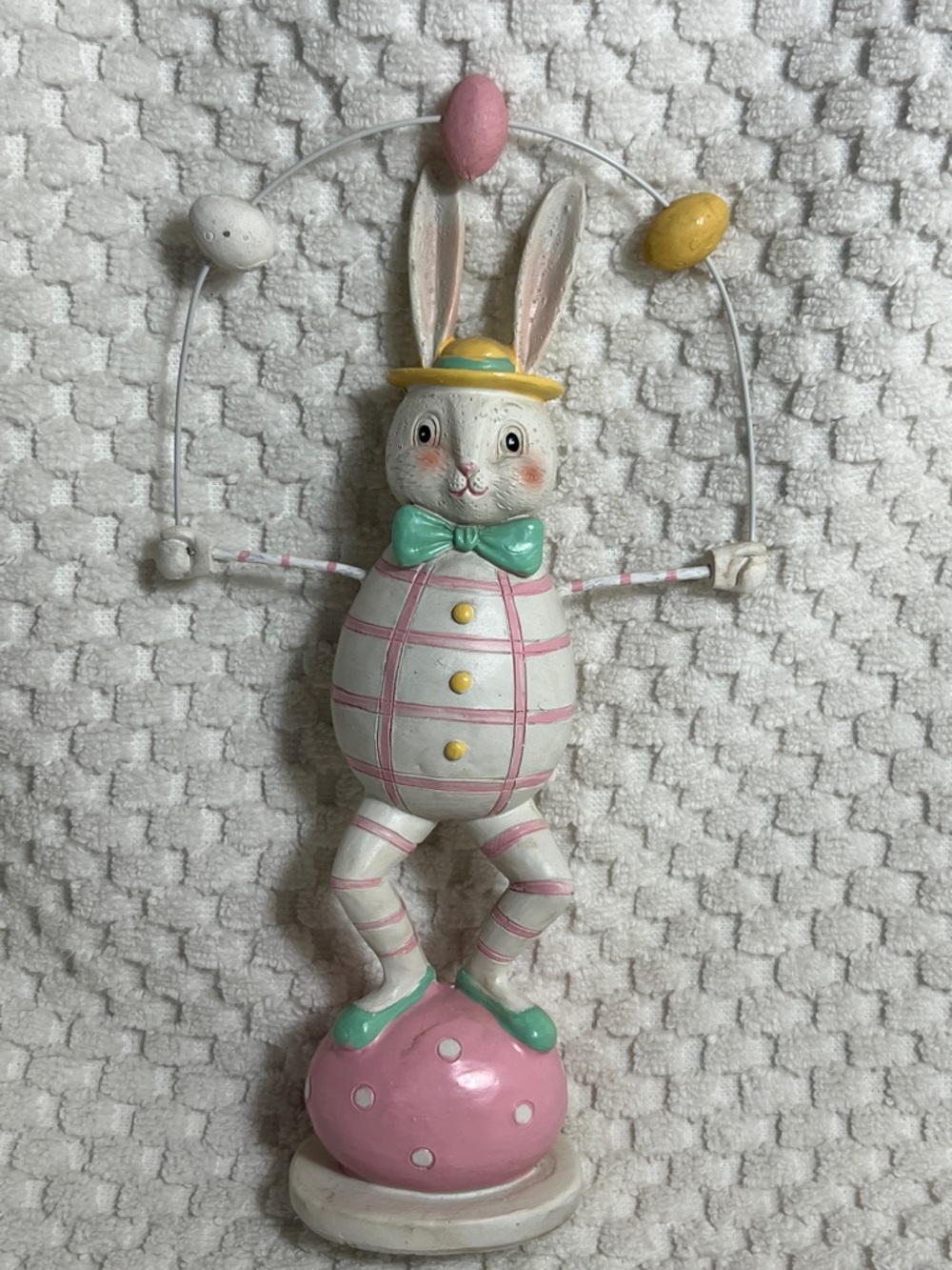 Johanna Parker Whimsical Bunny Juggler Figurine in Pastel Pink & Mint